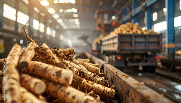 Fototapeta Cassava Harvest at Dawn: Freshly harvested sugar beet awaits processing at a factory, with truck on blurred factory, embodying industrial activity and agricultural industry.