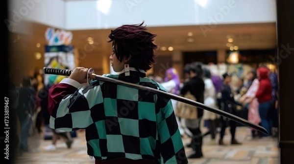 Obraz Anime cosplayer wearing a kimono and katana for slaying demons, at anime convention with visitors in background