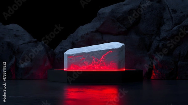 Fototapeta Dark stone podiums illuminated by dramatic red lighting in black rock surroundings. Industrial, moody, and minimal loft style. Perfect for bold, cinematic, and luxury product presentations.