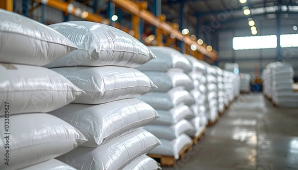 Fototapeta Warehouse Stacks: A large quantity of neatly stacked bags fill a warehouse, illustrating the process of industry and storage. This image portrays themes of manufacturing and distribution.