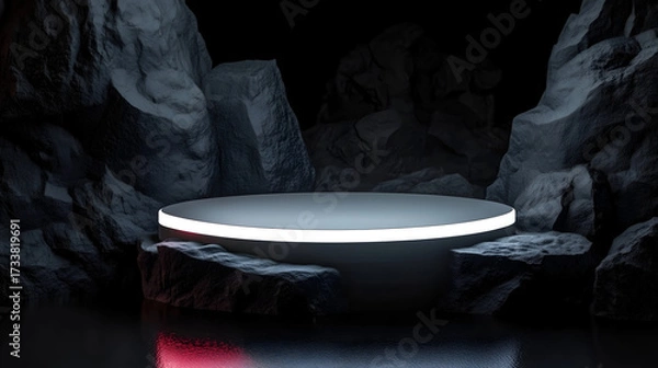 Fototapeta Dark stone podiums illuminated by dramatic red lighting in black rock surroundings. Industrial, moody, and minimal loft style. Perfect for bold, cinematic, and luxury product presentations.