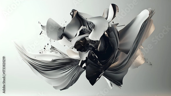 Fototapeta Twisted metallic abstractions with sharp edges in gray, black, and gold tones. Sculptural 3D forms on a light gray background. Futuristic, chaotic, and elegant digital metal compositions.