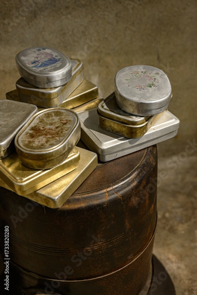 Obraz 오래된 난로 위에 있는 옛날 도시락 