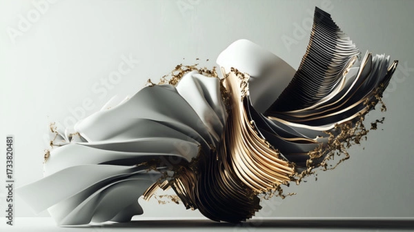 Fototapeta Twisted metallic abstractions with sharp edges in gray, black, and gold tones. Sculptural 3D forms on a light gray background. Futuristic, chaotic, and elegant digital metal compositions.