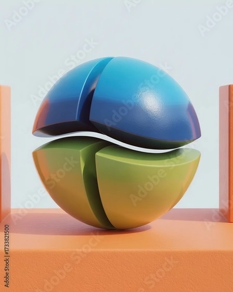 Fototapeta Abstract geometric sphere divided into blue and green segments on an orange surface
