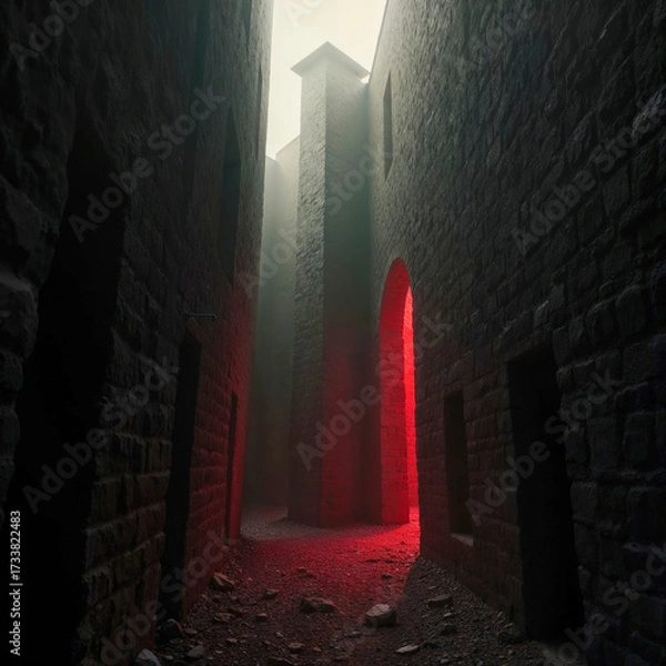 Obraz Mysterious Stone Passage with Eerie Red Light