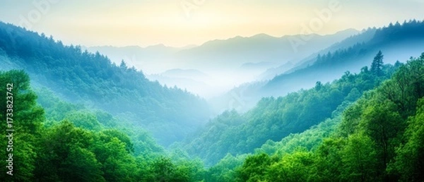 Fototapeta A serene landscape showcasing lush green valleys and misty mountains under a soft sunrise, Ideal for nature-themed projects, wellness articles, or as a calming backdrop for various media,
