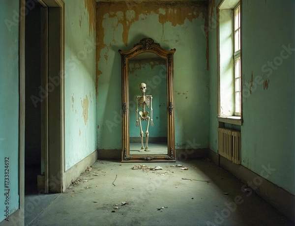 Obraz Skeleton Reflecting in an Old Mirror
