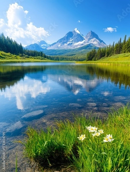 Fototapeta A serene landscape features a crystal-clear lake with mountain reflections, framed by lush green grass and blooming white flowers, Ideal for travel articles, nature showcases, or relaxation themes,