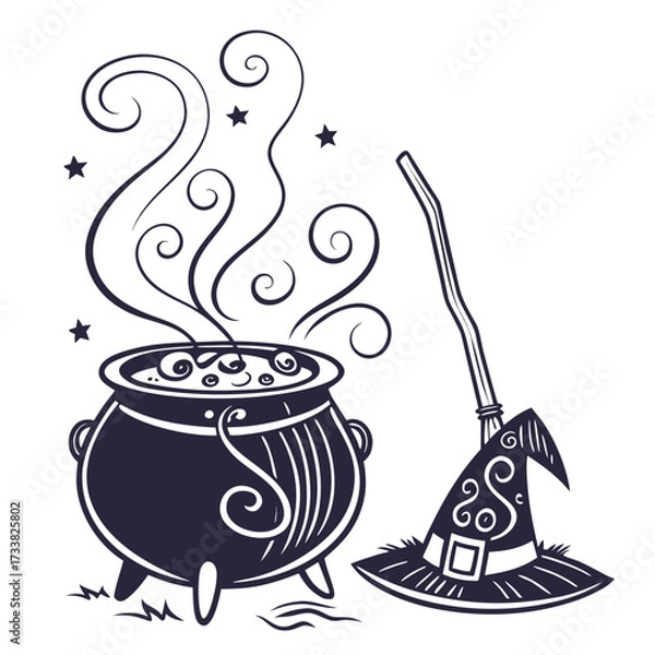 Fototapeta Witch cauldron with bubbling potion and hat steam