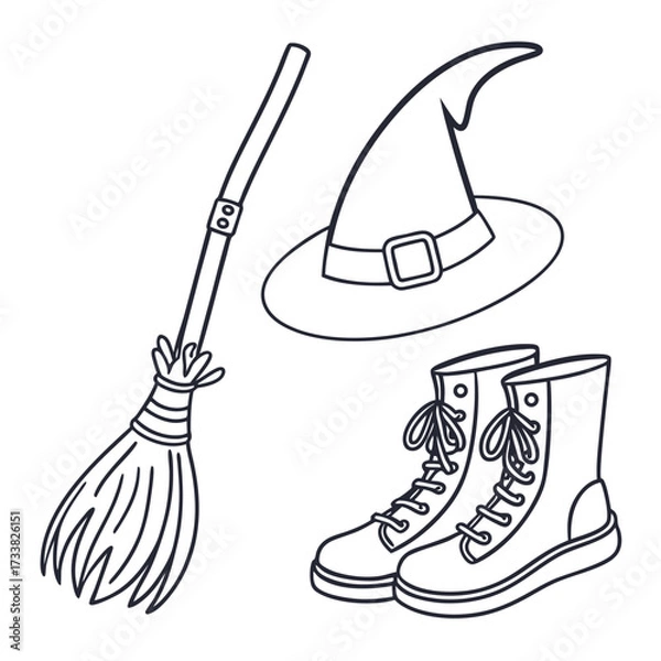 Fototapeta Witch hat broom and boots vector icon set