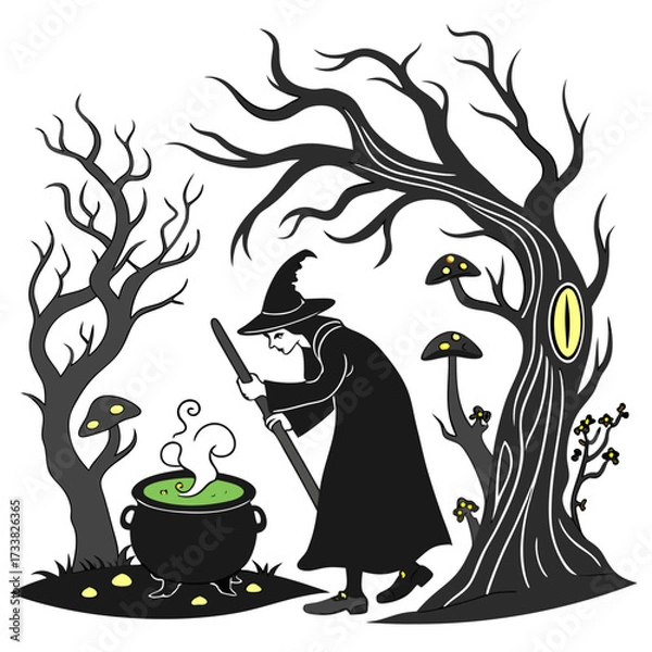 Fototapeta Witch stirring green potion in spooky forest with glowing mushrooms