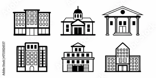 Fototapeta Illustration of six different black and white building structures with varying architectural styles