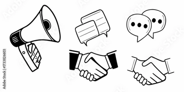 Fototapeta Illustration of communication tools including a megaphone speech bubbles and handshakes in black and white