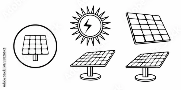 Fototapeta Illustration showing solar panels in different styles and sun with lightning bolt for energy production
