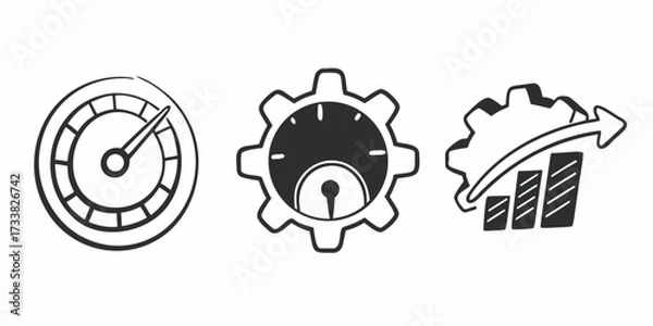 Fototapeta Three performance icons: a speedometer, a gear with a gauge, and a gear with a rising bar graph