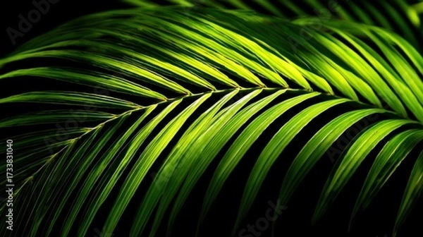 Obraz Close-up of a vibrant green palm leaf with sunlight highlighting its delicate, elongated fronds against a dark background
