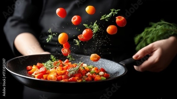 Obraz A chef tosses fresh vegetables and herbs in a frying pan, with cherry tomatoes and greens mid-air against a dark background