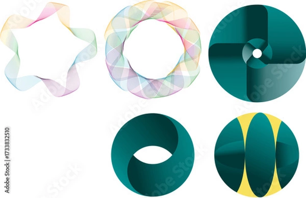 Fototapeta Six radial geometric shapes with gradients and symmetry—EPS vector for abstract and tech design.