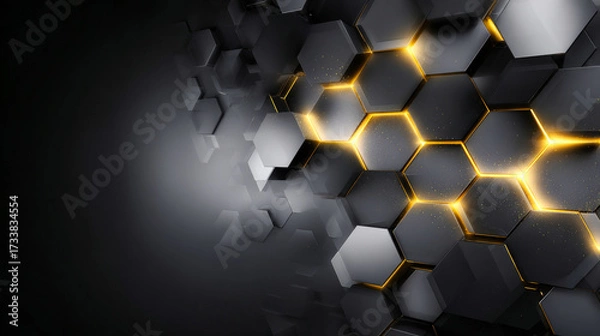 Fototapeta A futuristic abstract background with dark gray and yellow hexagons, abstract technology concept