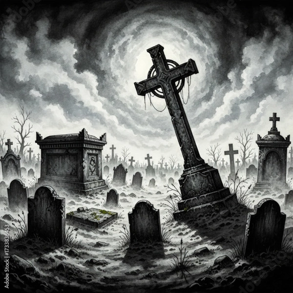 Obraz Misty Graveyard at Moonlight