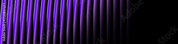 Fototapeta Panoramic banner. Diagonal violet gradient stripes on black background. Iridescent glowing bars resemble holographic tubes cut at an angle, giving a futuristic abstract effect.