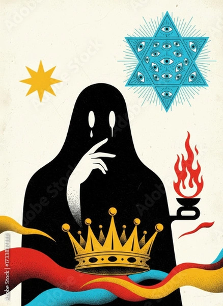 Obraz Graphic illustration of mysterious hooded figure and symbols.