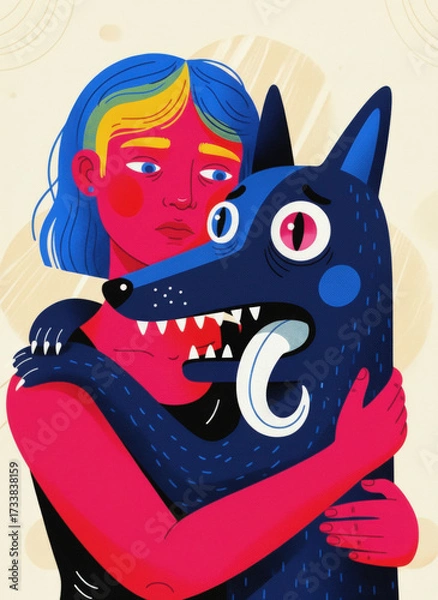 Obraz Intense illustration of person hugging a wolf.