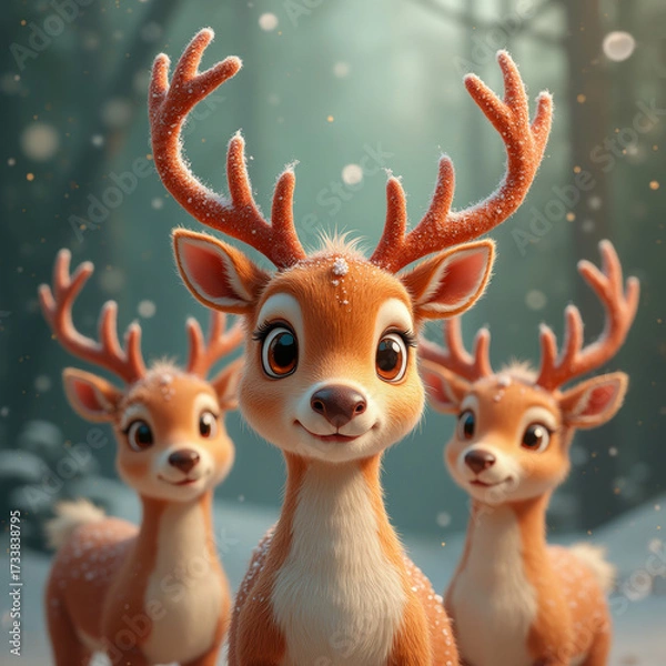 Obraz Cute Christmas reindeer smiling in snowy forest