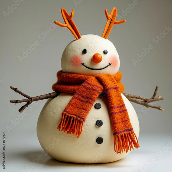 Obraz Charming Snowman with Antlers and Orange Scarf