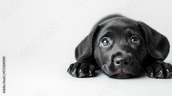 Obraz Adorable black puppy with bright eyes, lying down
