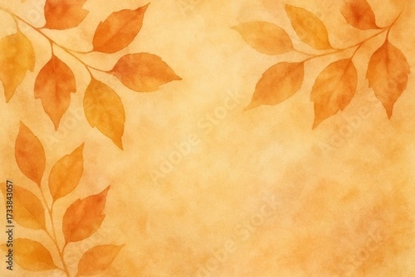 Fototapeta Autumn leaves in warm orange tones on soft watercolor background, perfect for seasonal designs, copy space.