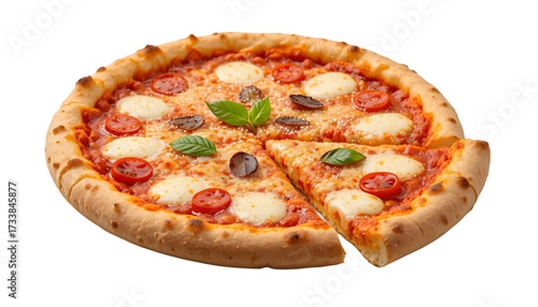 Fototapeta A freshly baked margherita pizza with vibrant tomato sauce, and a sprinkle of melted mozzarella cheese isolated on white and transparant background