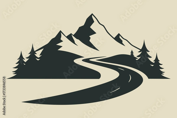 Fototapeta Winding Road Leading to Mountain Peaks Silhouette with Evergreen Trees in Monochrome Style