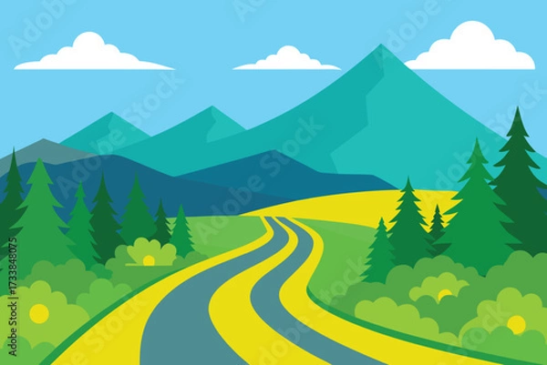 Fototapeta Winding Road to Mountains Under a Sunny Sky with Clouds Through a Forest Landscape