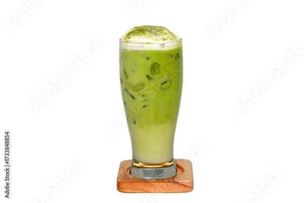 Obraz Ice matcha latte served with foam milk for topping put on white background and isolate concept.