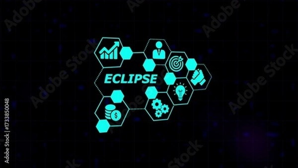 Obraz Cyan Hexagonal Network with Business Icons and the Word ECLIPSE on a Dark Digital Background eclipse