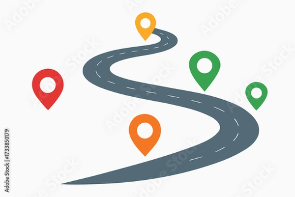 Obraz Winding Road with Location Markers in Red, Orange, Yellow, and Green Against White Background