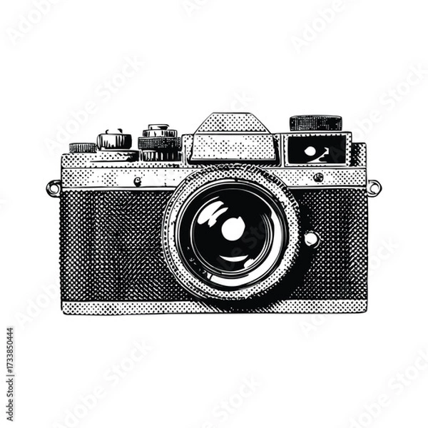 Obraz Halftone camera vector illustration, vintage and retro photography camera clipart, grunge dot pattern camera icon design, Classic film camera, Digital and print art camera logo