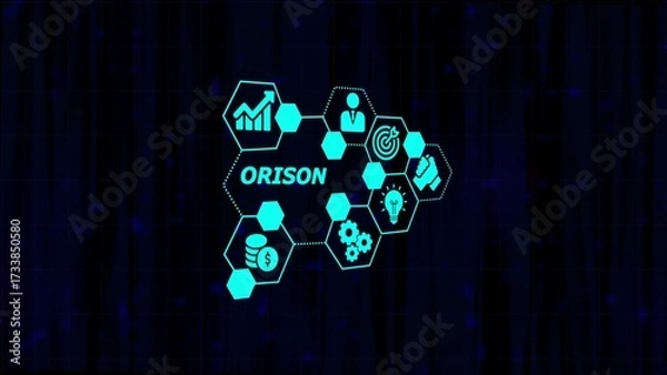 Obraz Digital Hexagonal Network with Icons and the Word ORISON on a Dark Blue Textured Background Keywords: ORISON, network, hexagonal, icons, technology, digital, connection, data