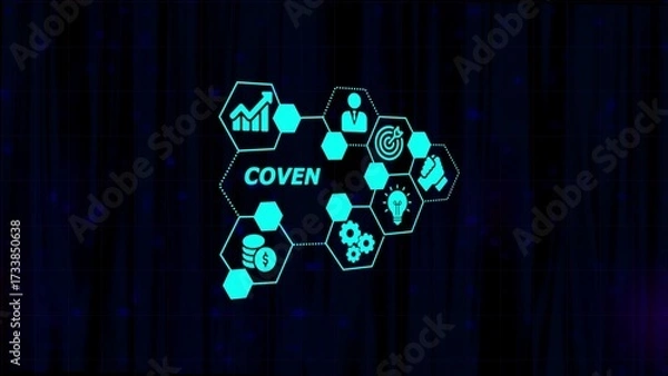 Obraz Hexagonal Network of Business Icons and the word COVEN on a dark digital background strategy success
