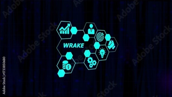 Obraz Hexagonal Network of Business Icons and the word WRAKE on a dark digital background strategy success