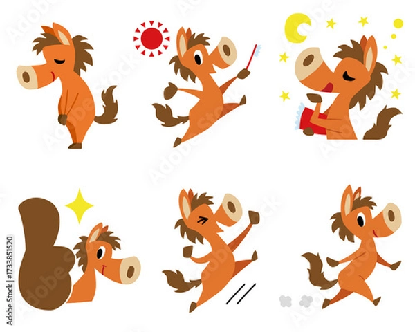 Obraz 手描きのゆるい馬キャラクターセット　(お辞儀、いいね、おはよう、おやすみ、ガッツポーズ)