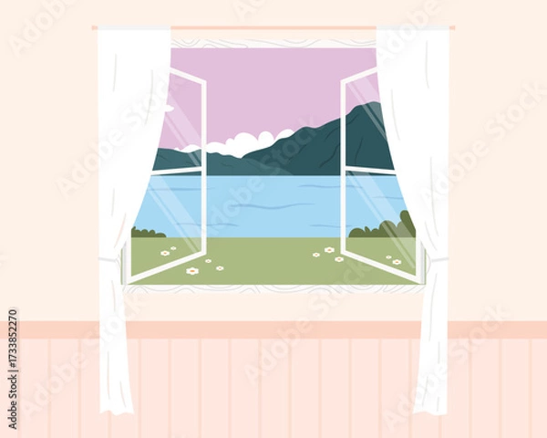 Fototapeta Illustration of open window with curtains on mountain and lake view