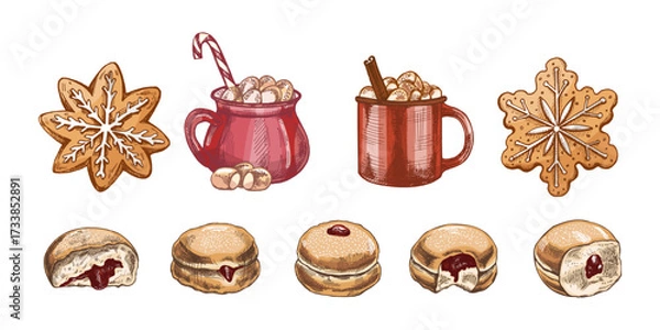Fototapeta Hand drawn vintage sketch of holiday gingerbread, hot cocoa with marshmallow and jelly donut in colored version