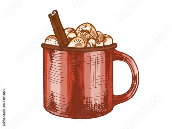 Fototapeta Hand drawn vintage sketch of red mug with hot chocolate, marshmallows and cinnamon stick, color version, vector illustration