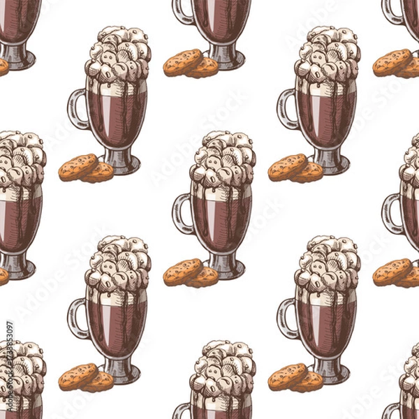 Fototapeta Hand drawn vintage seamless pattern of hot chocolate with marshmallows in glass cup and cookies, color version, vector illustration