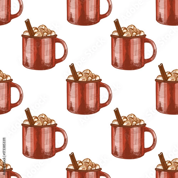 Fototapeta Hand drawn vintage seamless pattern of red mug with hot chocolate, marshmallows and cinnamon stick, color version, vector illustration