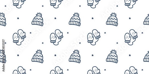 Obraz Seamless vector illustration featuring a pattern of winter mittens and hats. This design includes simple outlines of cozy winter apparel, perfect for seasonal projects and festive designs.