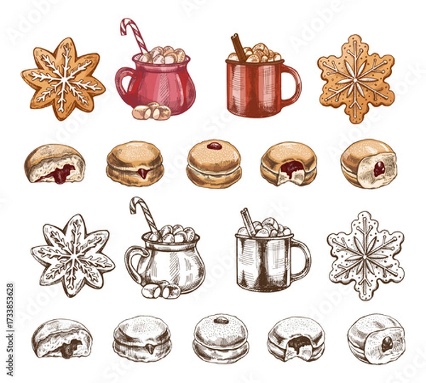 Fototapeta Hand drawn vintage sketch of Christmas gingerbread, hot cocoa with marshmallow and jelly donut in color and monochrome